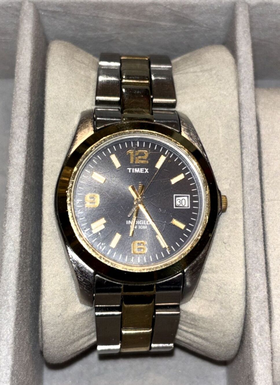 Timex Indiglo Watch 35mm Black Dial Two Tone Stainless Date Needs Battery